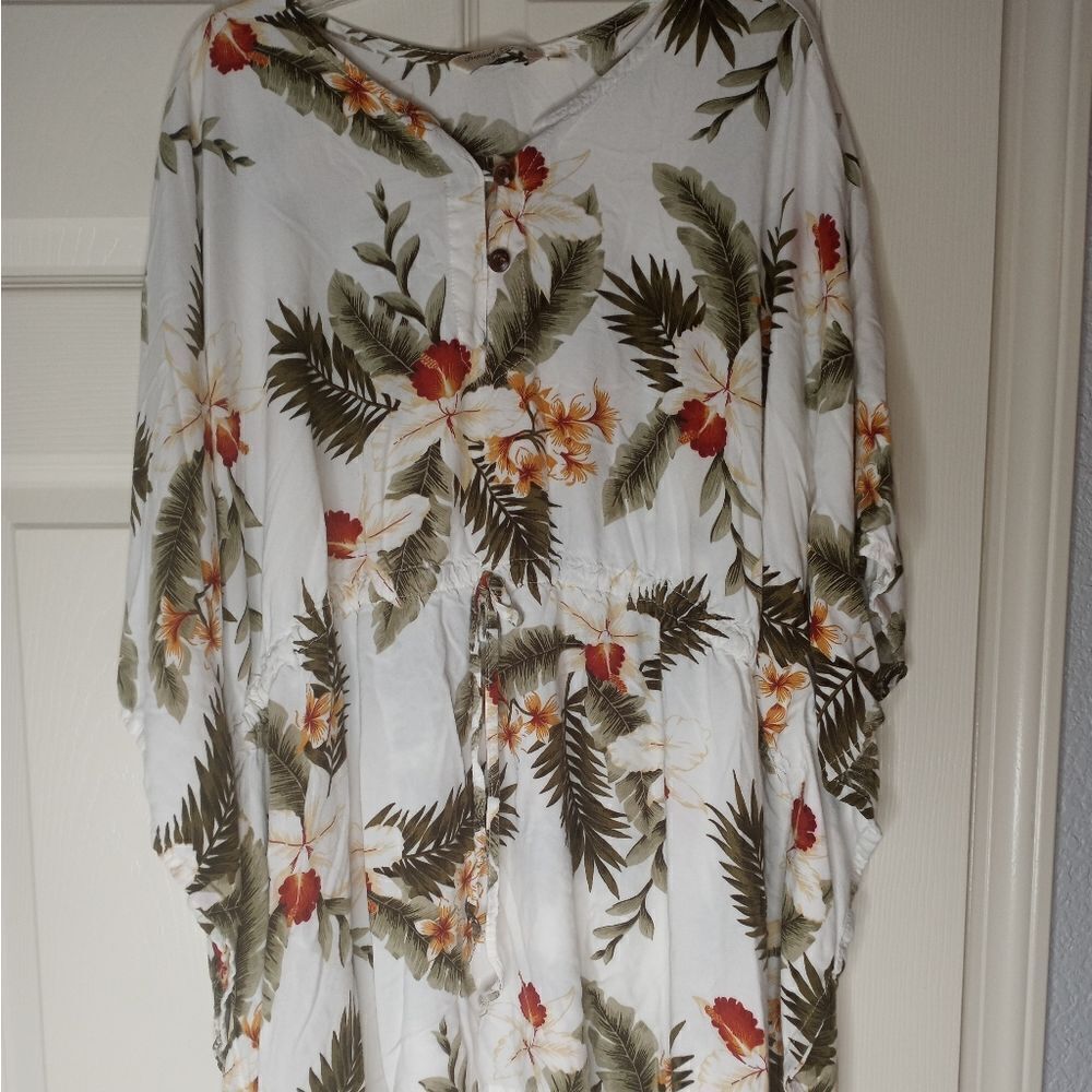 Tropical Group Women's Hawaiian Poncho with Tie Dress in White with Green Floral
